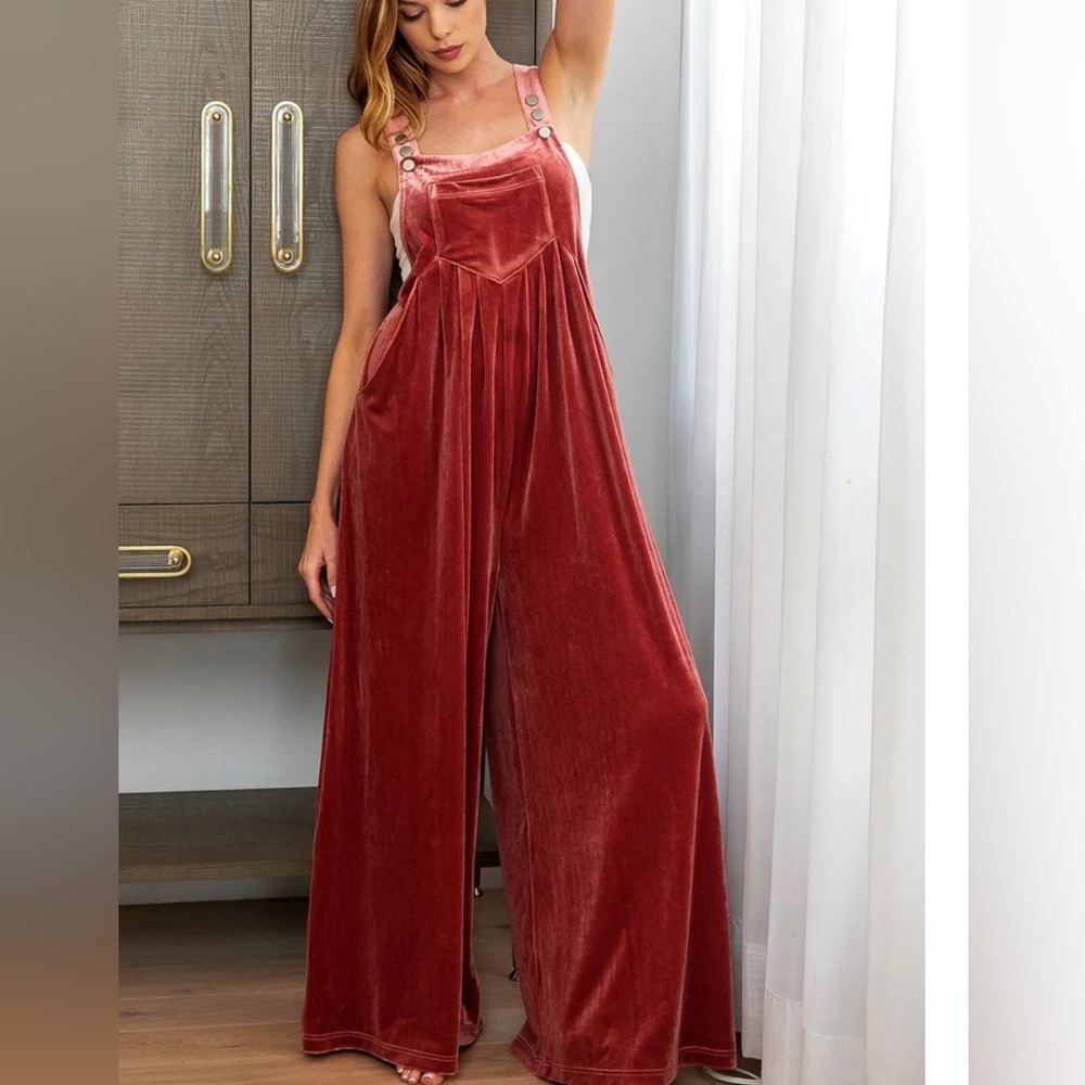 Velvet Wide Leg Overall Jumpsuit- I